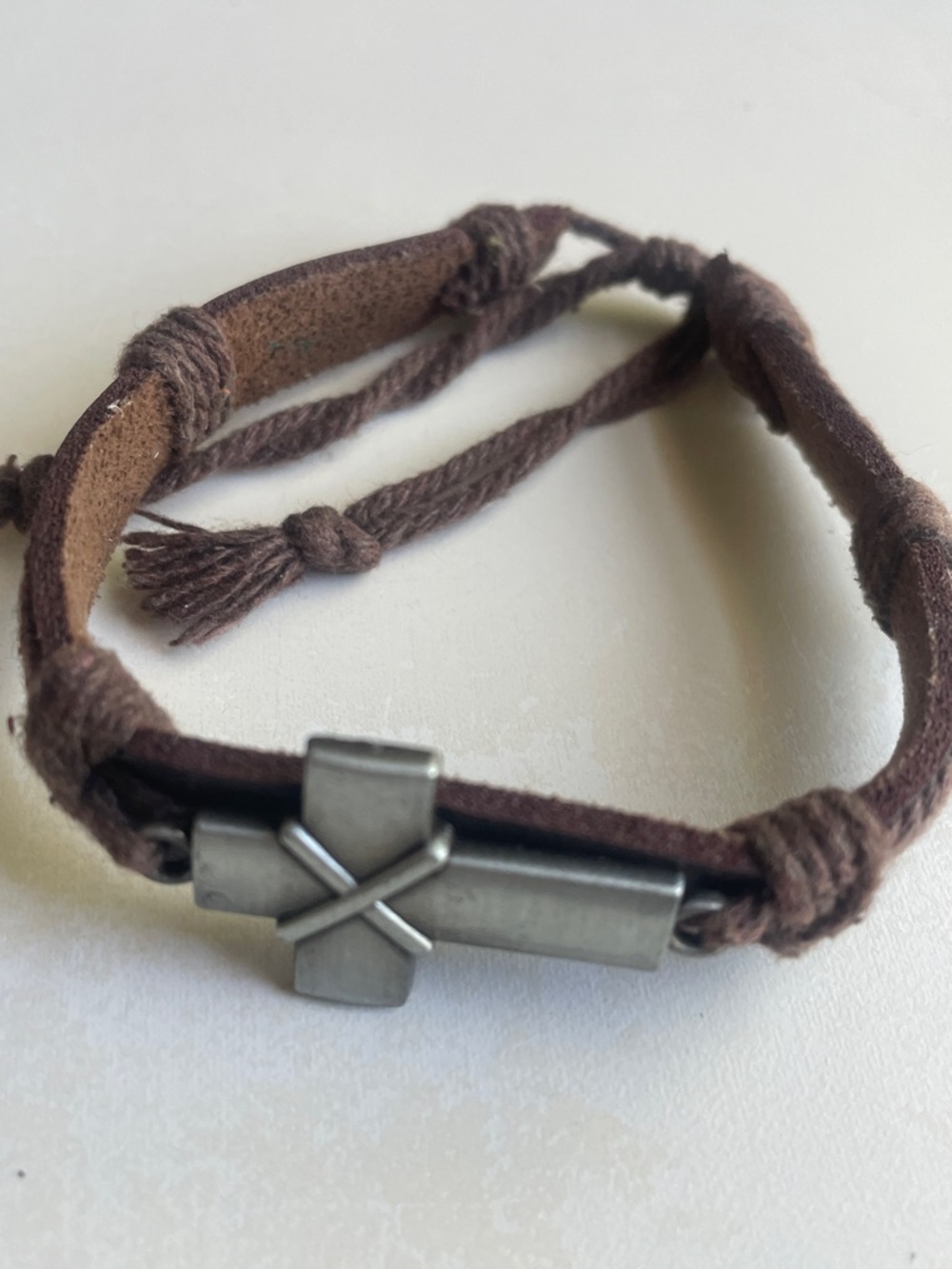 Men's Brown Leather & Cord Cross Bracelet